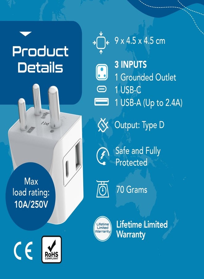 Ceptics 3 in 1 Travel Adapter with USB C, Type D Multiple Plug Socket for Laptops, Phones - White - 1 Pack - Image 4